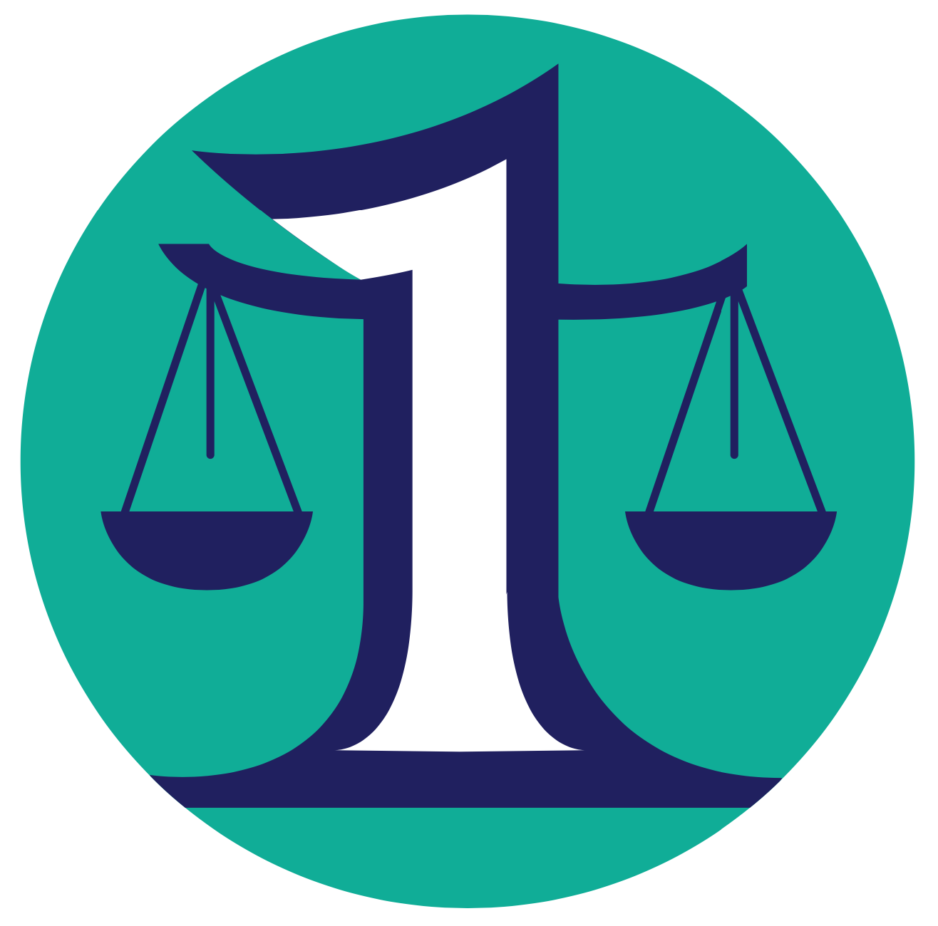 Simbolo della bilancia della giustizia (color blu), la cui base è sorretta dal numero 1 (color bianco), con sfondo rotondo verde.
